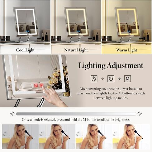 مرآة مكياج ENJNST بأضواء تدور 360 درجة، مرآة مكياج LED مع تكبير 5X، مرآة مكياج مضيئة بارتفاع قابل للتعديل وزاوية وإضاءة، تحكم ذكي باللمس رمادي داكن in Kuwait