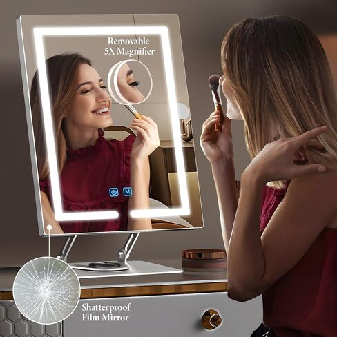 مرآة مكياج ENJNST بأضواء تدور 360 درجة، مرآة مكياج LED مع تكبير 5X، مرآة مكياج مضيئة بارتفاع قابل للتعديل وزاوية وإضاءة، تحكم ذكي باللمس رمادي داكن in Kuwait
