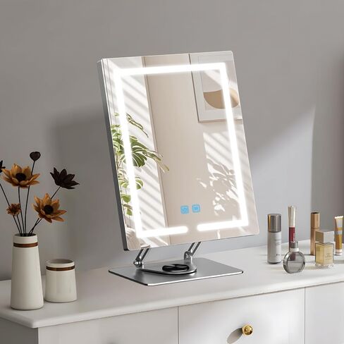 مرآة مكياج ENJNST بأضواء تدور 360 درجة، مرآة مكياج LED مع تكبير 5X، مرآة مكياج مضيئة بارتفاع قابل للتعديل وزاوية وإضاءة، تحكم ذكي باللمس رمادي داكن in Kuwait