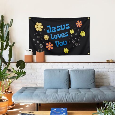 Jesus Loves You Tapestry 3x5 Ft Funny Inspirational Banner - Religious Church Decoration - Bedroom - Outdoor/Indoor Faith Murals and Courtyard Signs (black) in Saudi Arabia