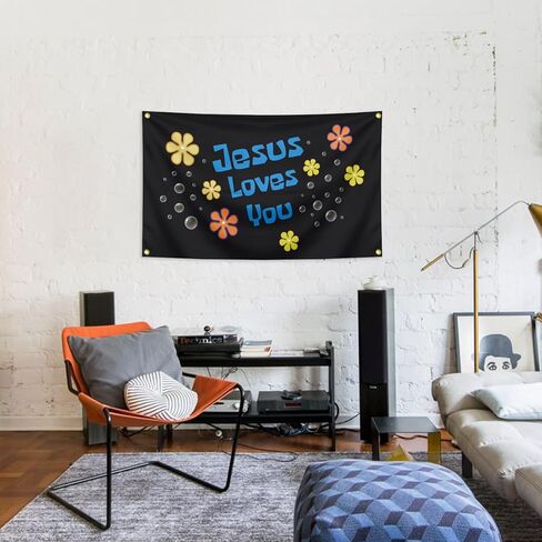 Jesus Loves You Tapestry 3x5 Ft Funny Inspirational Banner - Religious Church Decoration - Bedroom - Outdoor/Indoor Faith Murals and Courtyard Signs (black) in Saudi Arabia
