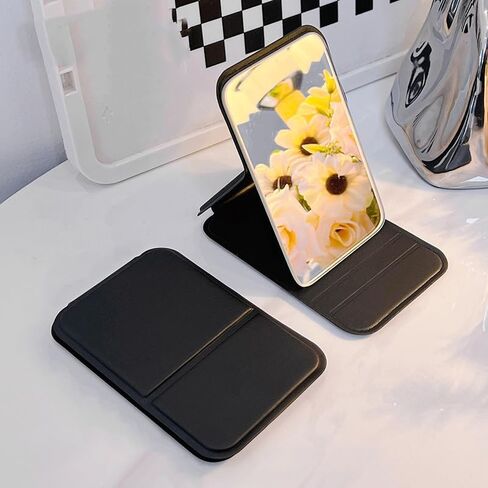 Folding Makeup Mirrors, Portable PU Handheld Mirror with Adjustable Stand, Compact Ultrathin Pocket Mirror Folding Travel Mirrors for Purse (Pink, 7x10.5cm) in Saudi Arabia