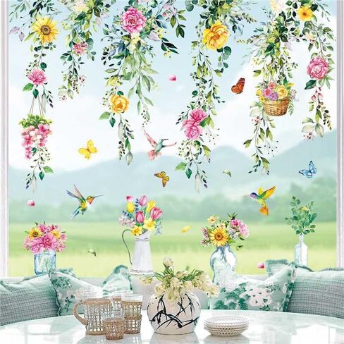 Whaline 8 Sheets Spring Hanging Floral Window Cling Stickers Eucalyptus Flower Vine Windows Decals Watercolor Reusable Window Decoration for Party Home Classroom in Saudi Arabia