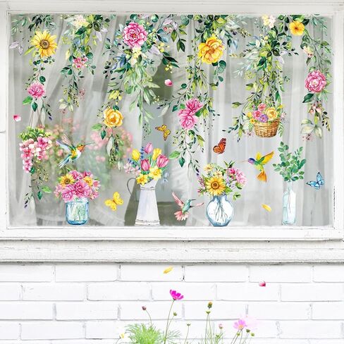 Whaline 8 Sheets Spring Hanging Floral Window Cling Stickers Eucalyptus Flower Vine Windows Decals Watercolor Reusable Window Decoration for Party Home Classroom in Saudi Arabia