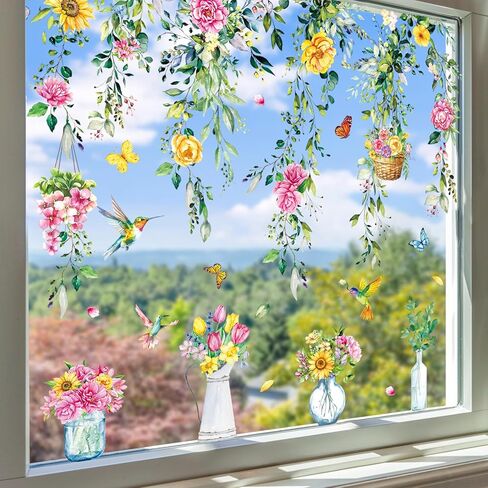 Whaline 8 Sheets Spring Hanging Floral Window Cling Stickers Eucalyptus Flower Vine Windows Decals Watercolor Reusable Window Decoration for Party Home Classroom in Saudi Arabia