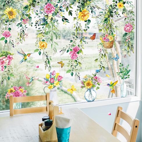 Whaline 8 Sheets Spring Hanging Floral Window Cling Stickers Eucalyptus Flower Vine Windows Decals Watercolor Reusable Window Decoration for Party Home Classroom in Saudi Arabia