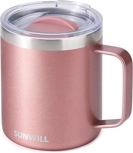 Sunwill Travel Coffee Mug with غطاء ، بهلوان معزول مع مقبض ، 14 أوقية كوب من الفولاذ المقاوم للصدأ مجموعة من 2 للتخييم ، في الهواء الطلق ، رمادي بارد وروز الذهب 2 حزمة in Kuwait