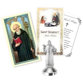 Mini San Benito Statue - St Benedict Statue with Holy Card, Laminated St Benedict Prayer Card, Lord's Prayer Card - Estatua De San Benito with Magnetic Sticky Base for Car, Flat Surfaces - 3 Items Set in Saudi Arabia