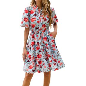 BTFBM Women Summer Floral Short Dresses V Neck Short Sleeve Tiered Ruffle Boho Swing Dress A-Line Mini Dresses in Kuwait