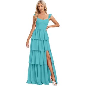 WENKAFO Tiered Long Bridesmaid Dresses with Slit Chiffon Ruffles Spaghetti Straps Formal Evening Gowns for Women WA084 in Kuwait