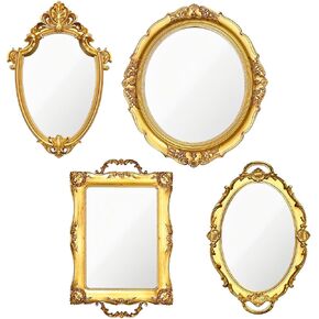 4 PCS Vintage Gold Mirror Set Vintage Mirrors for Wall Antique Shield Shape Square Oval Decorative Mirror Jewelry Dresser Organizer Tray for Living Room Bedroom Wedding Desktop Photography Decoration in Kuwait