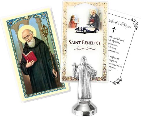 Mini San Benito Statue - St Benedict Statue with Holy Card, Laminated St Benedict Prayer Card, Lord's Prayer Card - Estatua De San Benito with Magnetic Sticky Base for Car, Flat Surfaces - 3 Items Set in Saudi Arabia