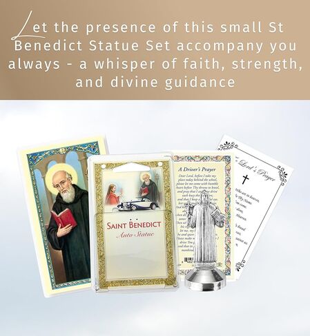 Mini San Benito Statue - St Benedict Statue with Holy Card, Laminated St Benedict Prayer Card, Lord's Prayer Card - Estatua De San Benito with Magnetic Sticky Base for Car, Flat Surfaces - 3 Items Set in Saudi Arabia