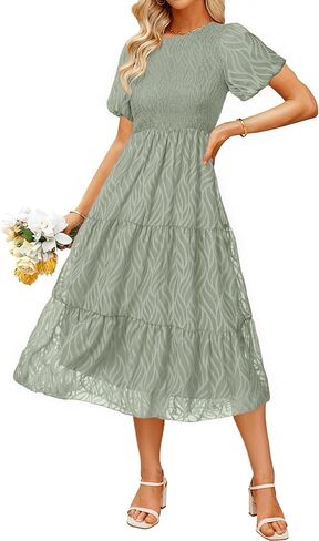 BerryGo Womens Summer Chiffon Midi Dress Short Sleeve Flowy Smocked Crewneck A Line Tiered Wedding Guest Dresses 2026 in Saudi Arabia