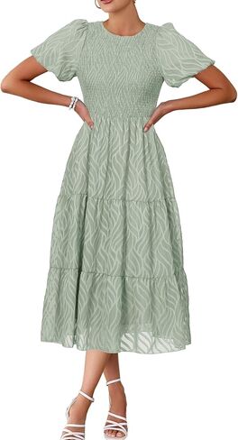 BerryGo Womens Summer Chiffon Midi Dress Short Sleeve Flowy Smocked Crewneck A Line Tiered Wedding Guest Dresses 2026 in Saudi Arabia