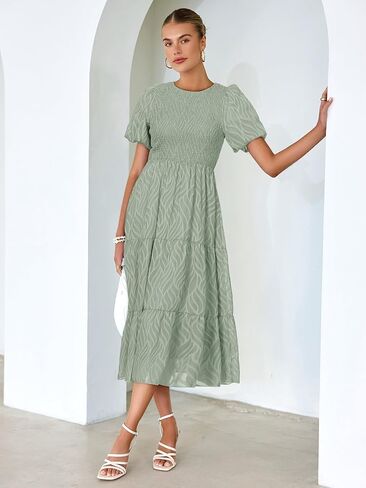 BerryGo Womens Summer Chiffon Midi Dress Short Sleeve Flowy Smocked Crewneck A Line Tiered Wedding Guest Dresses 2026 in Saudi Arabia