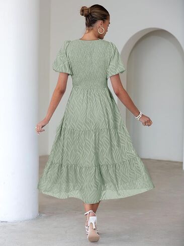BerryGo Womens Summer Chiffon Midi Dress Short Sleeve Flowy Smocked Crewneck A Line Tiered Wedding Guest Dresses 2026 in Saudi Arabia