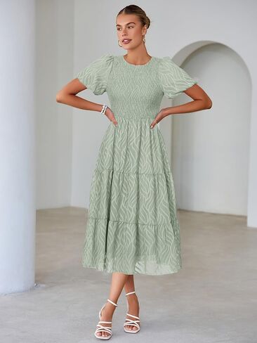 BerryGo Womens Summer Chiffon Midi Dress Short Sleeve Flowy Smocked Crewneck A Line Tiered Wedding Guest Dresses 2026 in Saudi Arabia