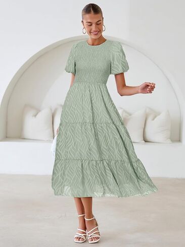 BerryGo Womens Summer Chiffon Midi Dress Short Sleeve Flowy Smocked Crewneck A Line Tiered Wedding Guest Dresses 2026 in Saudi Arabia