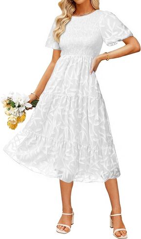 BerryGo Womens Summer Chiffon Midi Dress Short Sleeve Flowy Smocked Crewneck A Line Tiered Wedding Guest Dresses 2026 in Saudi Arabia