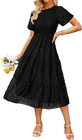 BerryGo Womens Summer Chiffon Midi Dress Short Sleeve Flowy Smocked Crewneck A Line Tiered Wedding Guest Dresses 2026 in Saudi Arabia