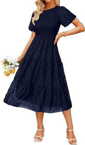 BerryGo Womens Summer Chiffon Midi Dress Short Sleeve Flowy Smocked Crewneck A Line Tiered Wedding Guest Dresses 2026 in Saudi Arabia