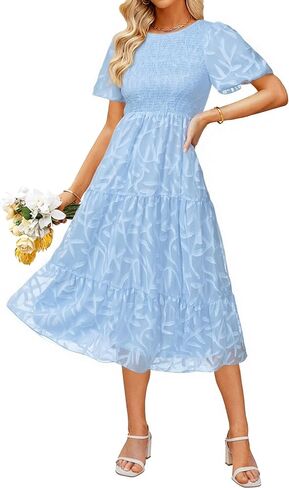 BerryGo Womens Summer Chiffon Midi Dress Short Sleeve Flowy Smocked Crewneck A Line Tiered Wedding Guest Dresses 2026 in Saudi Arabia
