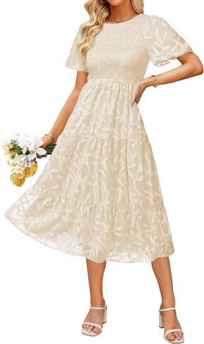 BerryGo Womens Summer Chiffon Midi Dress Short Sleeve Flowy Smocked Crewneck A Line Tiered Wedding Guest Dresses 2026 in Saudi Arabia