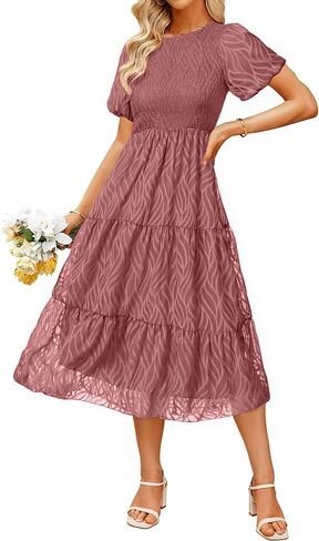 BerryGo Womens Summer Chiffon Midi Dress Short Sleeve Flowy Smocked Crewneck A Line Tiered Wedding Guest Dresses 2026 in Saudi Arabia