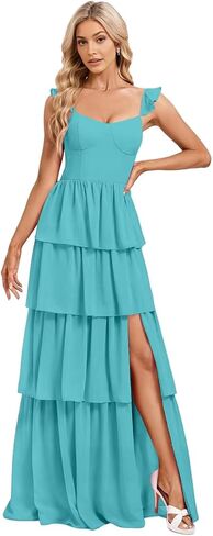 فساتين وصيفة الشرف طويلة متدرجة من WENKAFO مع فتحة من الشيفون والكشكشة والأشرطة السباغيتي فساتين سهرة رسمية للنساء WA084 in Kuwait