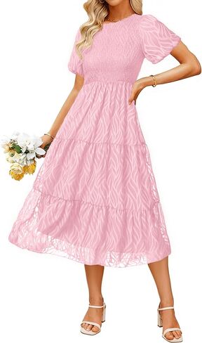 BerryGo Womens Summer Chiffon Midi Dress Short Sleeve Flowy Smocked Crewneck A Line Tiered Wedding Guest Dresses 2026 in Saudi Arabia
