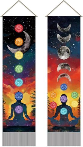 SUPERDANT Seven Chakra Tapestry Meditation Wall Tapestry Moon Phases Wall Art Yoga Room Tapestries Walls Blanket 2 Long Tapestries Walls Hanging with Tassel for Living Room Bedroom Decor 51.2x13in in Saudi Arabia