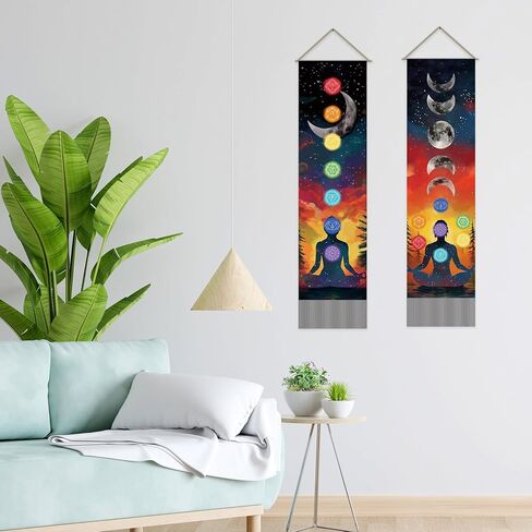 SUPERDANT Seven Chakra Tapestry Meditation Wall Tapestry Moon Phases Wall Art Yoga Room Tapestries Walls Blanket 2 Long Tapestries Walls Hanging with Tassel for Living Room Bedroom Decor 51.2x13in in Saudi Arabia