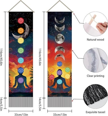 SUPERDANT Seven Chakra Tapestry Meditation Wall Tapestry Moon Phases Wall Art Yoga Room Tapestries Walls Blanket 2 Long Tapestries Walls Hanging with Tassel for Living Room Bedroom Decor 51.2x13in in Saudi Arabia