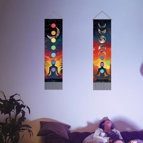 SUPERDANT Seven Chakra Tapestry Meditation Wall Tapestry Moon Phases Wall Art Yoga Room Tapestries Walls Blanket 2 Long Tapestries Walls Hanging with Tassel for Living Room Bedroom Decor 51.2x13in in Saudi Arabia