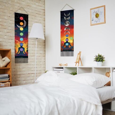 SUPERDANT Seven Chakra Tapestry Meditation Wall Tapestry Moon Phases Wall Art Yoga Room Tapestries Walls Blanket 2 Long Tapestries Walls Hanging with Tassel for Living Room Bedroom Decor 51.2x13in in Saudi Arabia