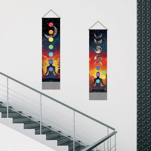 SUPERDANT Seven Chakra Tapestry Meditation Wall Tapestry Moon Phases Wall Art Yoga Room Tapestries Walls Blanket 2 Long Tapestries Walls Hanging with Tassel for Living Room Bedroom Decor 51.2x13in in Saudi Arabia