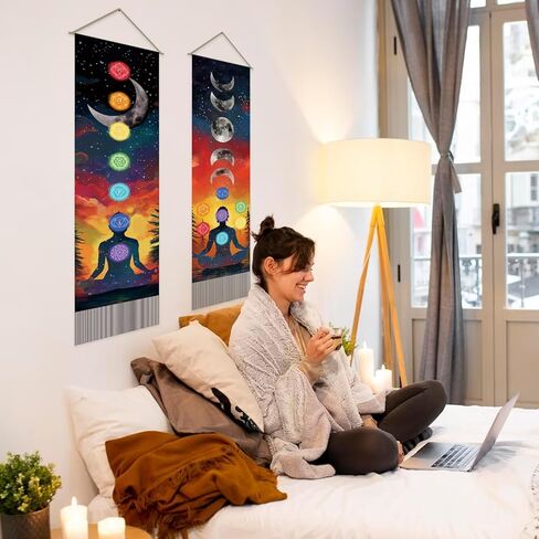 SUPERDANT Seven Chakra Tapestry Meditation Wall Tapestry Moon Phases Wall Art Yoga Room Tapestries Walls Blanket 2 Long Tapestries Walls Hanging with Tassel for Living Room Bedroom Decor 51.2x13in in Saudi Arabia