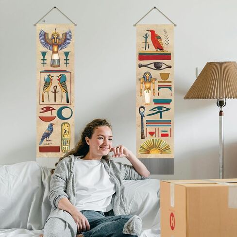 AHANDMAKER قطعتان من نسيج المصري، فرعون وهيروغليفي معلق على الحائط العمودي، نسيج جداري شرابة ديكورات جمالية لغرفة النوم وغرفة المعيشة (45.7 × 13 بوصة) in Saudi Arabia