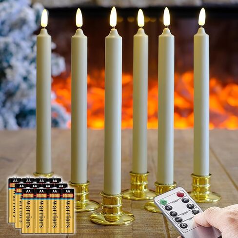 6 عبوات من شموع النوافذ الشمعية الحقيقية العاجية عديمة اللهب مع 12 بطارية AA (تشمل، تعمل لأكثر من 400 ساعة) وقاعدة شموع ذهبية، شموع نوافذ مستدقة LED تعمل بالبطارية مقاس 10 بوصات مع مؤقت عن بعد in Kuwait