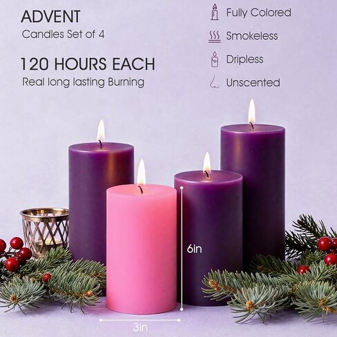 Advent Candle Set of 4, Unscented Pillar Candles 3" x 6" Hand-Poured, Advent Pillar Candle can Burn 120 Hours, Christmas Advent Candles for Advent Wreath in Saudi Arabia
