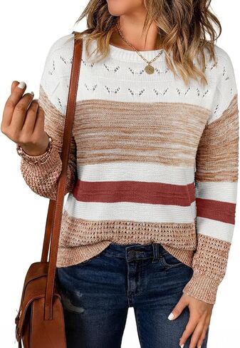 Sidefeel Women's Oversized Sweaters Striped Crochet Boat Neck Hollow Out Lightweight Long Sleeve Knit Trendy Pullover Tops in Saudi Arabia