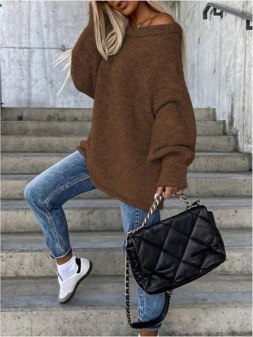 GORGLITTER Women's Off The Shoulder Sweater Oversized Long Sleeve Knit Loose Pullover Long Sweaters Tops Jackets Outfits in Saudi Arabia