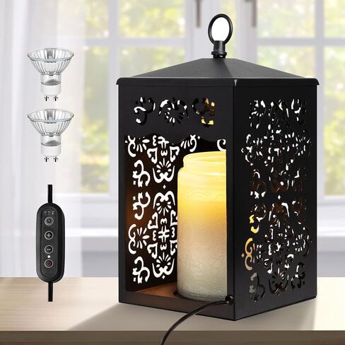 LALISU Candle Warmer Lamp Lantern for Top-Down Candle Melting with Timer & Dimmer for Wax Melting, Electric Candle Lamp with 2 Bulbs (Black) in Saudi Arabia