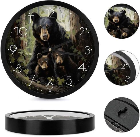 ساعة حائط SceuQertc Black Bear Family مقاس 10 بوصة صامتة غير موقوتة ساعات حائط مزخرفة تعمل بالبطارية للمطبخ/غرفة المعيشة/الحمام/غرفة النوم/المكتب in Saudi Arabia