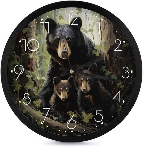 ساعة حائط SceuQertc Black Bear Family مقاس 10 بوصة صامتة غير موقوتة ساعات حائط مزخرفة تعمل بالبطارية للمطبخ/غرفة المعيشة/الحمام/غرفة النوم/المكتب in Saudi Arabia