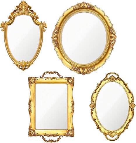 4 قطع مرآة ذهبية عتيقة مجموعة مرايا عتيقة للجدار العتيقة على شكل درع مربع بيضاوي للديكور مرآة مجوهرات مضمد صينية تنظيم لغرفة المعيشة وغرفة النوم وحفلات الزفاف وسطح المكتب والتصوير الفوتوغرافي in Kuwait