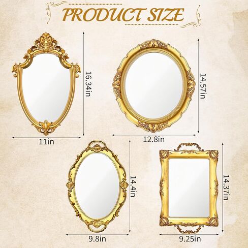 4 قطع مرآة ذهبية عتيقة مجموعة مرايا عتيقة للجدار العتيقة على شكل درع مربع بيضاوي للديكور مرآة مجوهرات مضمد صينية تنظيم لغرفة المعيشة وغرفة النوم وحفلات الزفاف وسطح المكتب والتصوير الفوتوغرافي in Kuwait