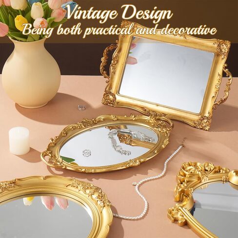 4 قطع مرآة ذهبية عتيقة مجموعة مرايا عتيقة للجدار العتيقة على شكل درع مربع بيضاوي للديكور مرآة مجوهرات مضمد صينية تنظيم لغرفة المعيشة وغرفة النوم وحفلات الزفاف وسطح المكتب والتصوير الفوتوغرافي in Kuwait