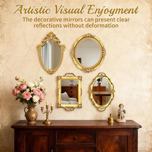 4 قطع مرآة ذهبية عتيقة مجموعة مرايا عتيقة للجدار العتيقة على شكل درع مربع بيضاوي للديكور مرآة مجوهرات مضمد صينية تنظيم لغرفة المعيشة وغرفة النوم وحفلات الزفاف وسطح المكتب والتصوير الفوتوغرافي in Kuwait